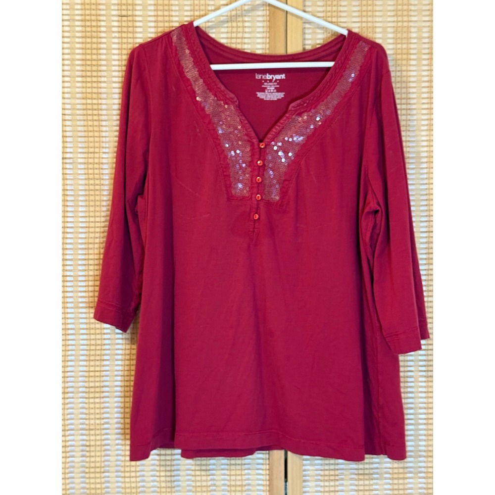 Lane‎ Bryant Red Sequin Split Neck 3/4 Sleeve Cotton Top Womens 18/20W Travel